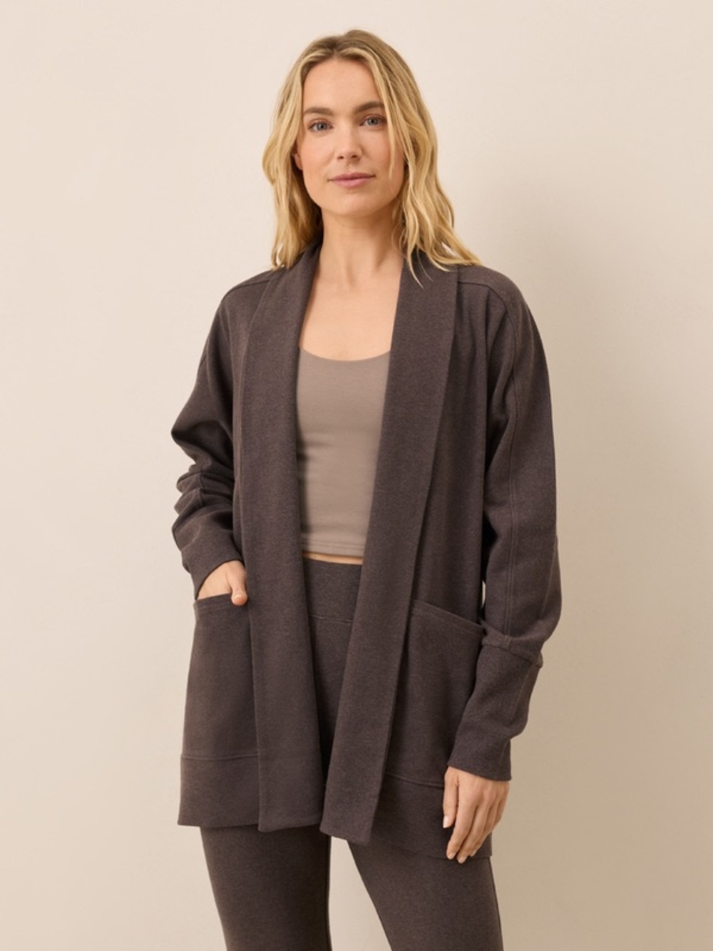Pact Organic Cotton Airplane Wrap Open-Front Cardigan in Chocolate Heather
